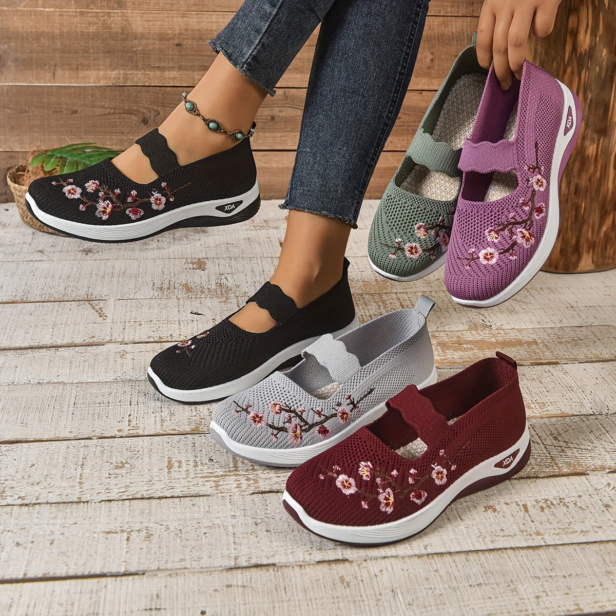 Saty | Blomsterbroderede mesh slip-on sko