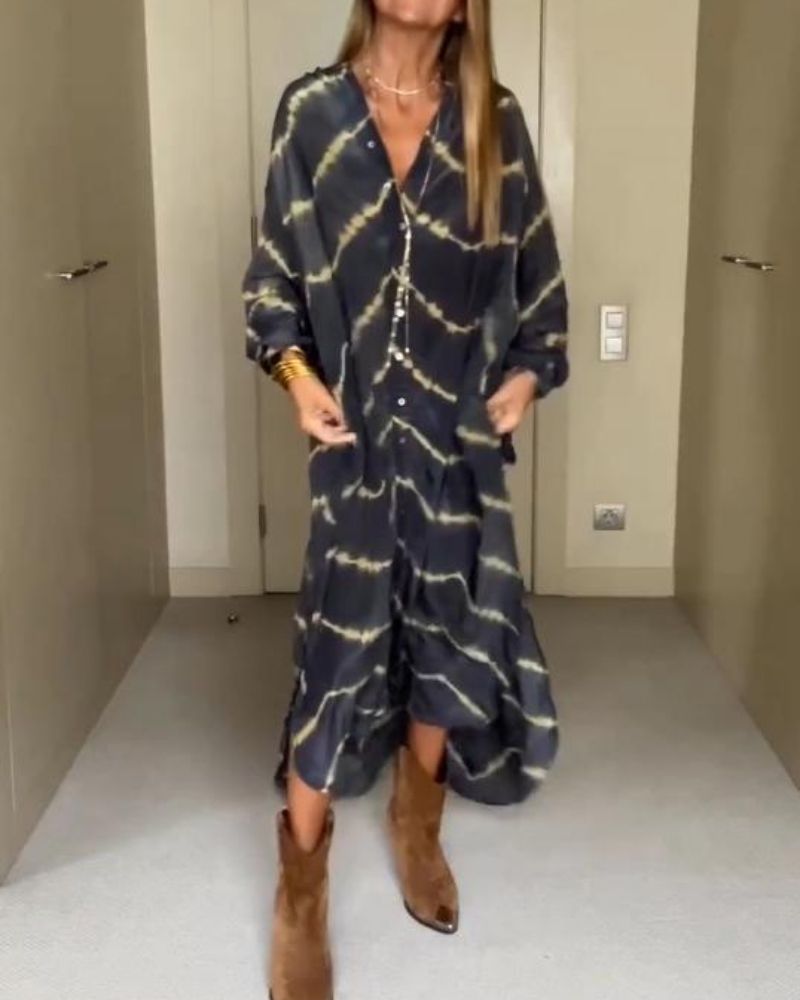 Bronya | Stilfuld Bohemian Kjole med Striber og Lange Ærmer