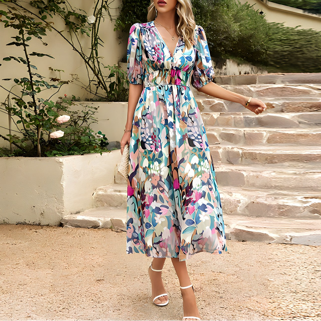 Janella | Elegant Midi-Kjole med V-Udskæring
