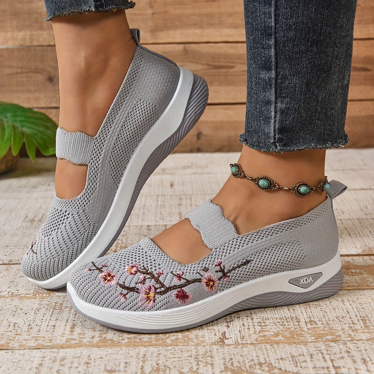 Saty | Blomsterbroderede mesh slip-on sko