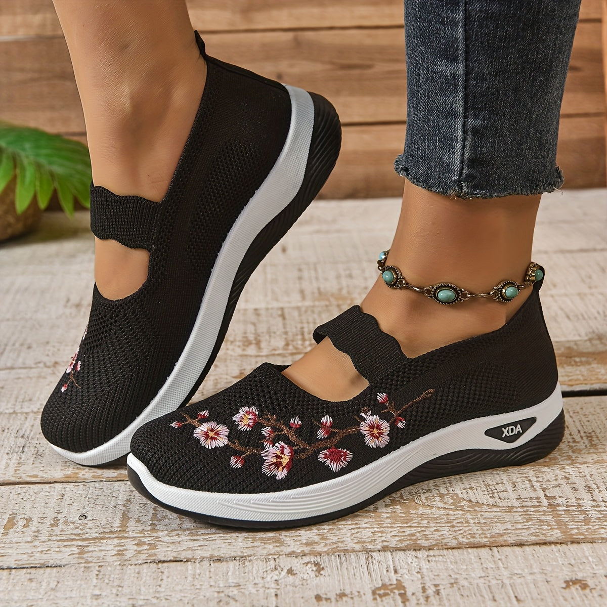 Saty | Blomsterbroderede mesh slip-on sko