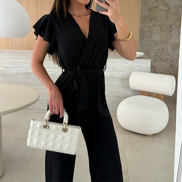 Kate | Schlichter Jumpsuit med V-Ausschnitt og Rüschen